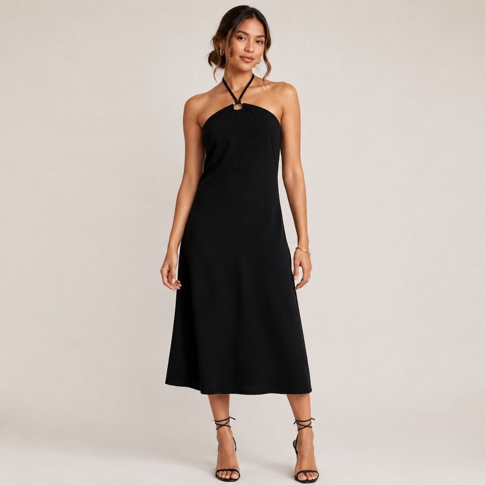 OLD NAVY Women's New Midi Dress LARGE Black O-Ring Halter Stretch